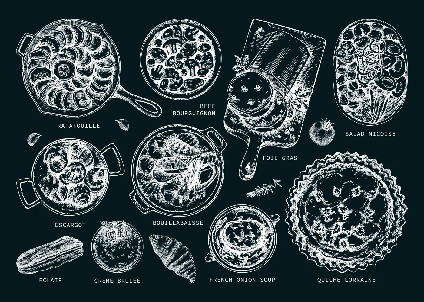 French cuisine dishes vintage drawings on chalkboard. Traditional food from France sketches set. French restaurant menu design elements. Hand-drawn food illustration, NOT AI generated Illustration